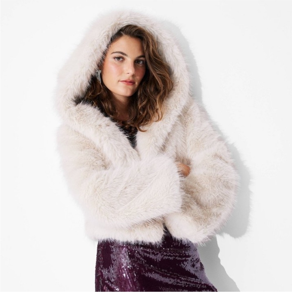 Wild Fable Cream Faux Fur Hooded Jacket